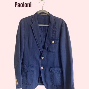 Paoloni Vintage Italian Blazer Blue Cotton Elbow Patch Red Stitch EU40 EUC